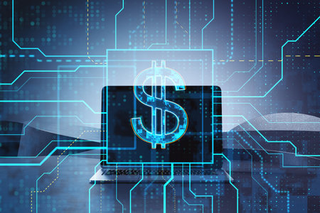 Close up of laptop computer with glowing circuit money hologram on blurry background. Dollar, crypto, online banking and finance concept. double exposureの写真素材