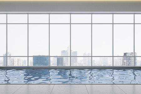 Clean luxury gym interior with swimming pool and panoramic windows with city view and daylight. Healthy lifestyle and interior concept. 3D Renderingの写真素材