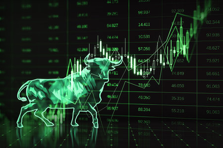 Abstract green candlestick bear and bull forex chart hologram on dark background. Trade and market concept. 3D Renderingの写真素材