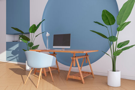 Contemporary blue office interior with furniture and equipment, decorative round pattern on wall. 3D Renderingの写真素材