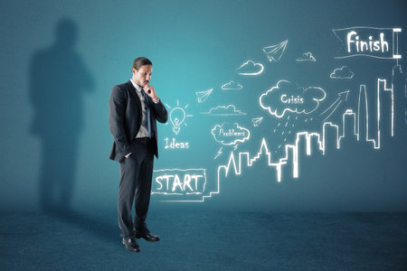 Pensive young european businessman with city growth and success sketch on concrete wall background with shadow. Leadership, work promotion and work conceptの写真素材