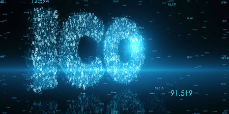Glowing ICO hologram on dark background. Initial coin offering, education and development concept....