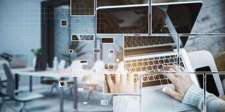 Abstract picture of office interior, various devices and people communication network. Lifestyle and work concept. double exposureの写真素材