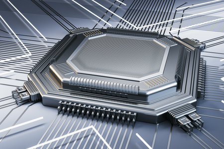 Creative empty silver chip on metal background with lines. mock up place. Technology and...