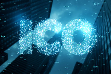 Glowing ICO hologram on blurry city background. Initial coin offering, education and development concept. double exposureの写真素材