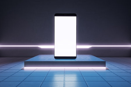 Abstract interior with white mobile phone on pedestal, tile floor and empty mock up place. 3D Renderingの写真素材