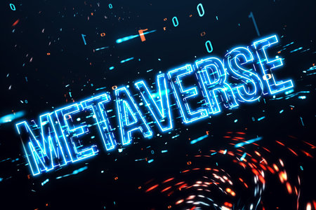 Glowing metaverse text on blurry tech background. Digital world and future concept. 3D Renderingの写真素材