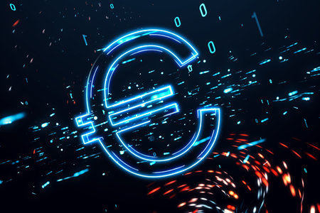 Digital euro hologram on blurry dark background. Trade, finance and money concept. 3D Renderingの写真素材