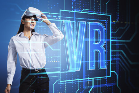 Young woman with VR glasses and creative linear hologram on dark background, Virtual reality, future...