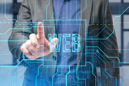 Close up of businessman hand pointing at glowing linear web text hologram on blurry office interior background. Digital nft, technology and future concept. double exposureの写真素材