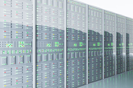 Modern light server room interior. Shot of Data Center With Multiple Rows of Fully Operational...