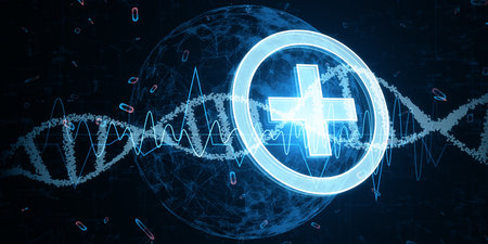 glowing DNA helix, globe and healthcare cross hologram on dark background. Medicine and bioengineering concept. 3D Renderingの写真素材