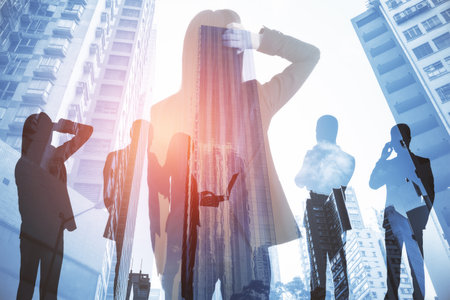 Back vew of businesswoman standing on abstract bright city background with crowd Success, work, job and career concept. double exposureの写真素材