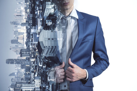 Headless young businessman on abstract sideways city background. Success, work, job and career concept. double exposureの写真素材
