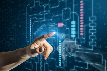 Close up of male hand pointing at creative tech big data hologram on blue background. Technology,...