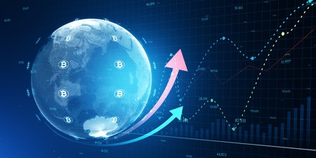 Abstract glowing globe with financial arrows and money signs on dark background. Digital world, cryptocurrency, online banking trade and technology concept. 3D Renderingの写真素材