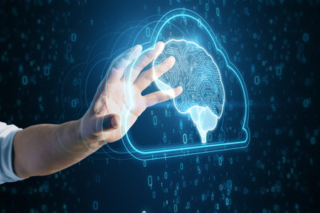 Artificial intelligence hardware concept. Close up of male hand holding glowing cloud brain and...