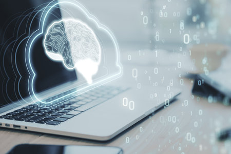 Artificial intelligence hardware concept. Close up of laptop with glowing cloud brain and circuit...