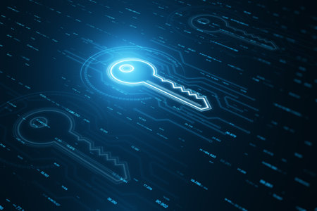 Glowing key hologram on blurry wallpaper. Virtual house and future concept. 3D Rendering