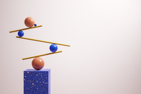 Abstract balancing geometric figures on light background with mock up place. Impossible balance and...