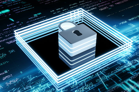 Creative blue chip with padlock hologram on blurry blue tech background. Safety, metaverse and...