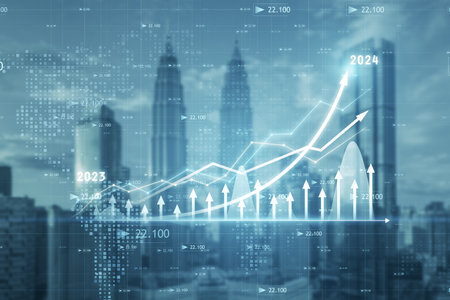Abstract growing business chart on blurry city background. Trade, finance and investment concept. double exposureの写真素材