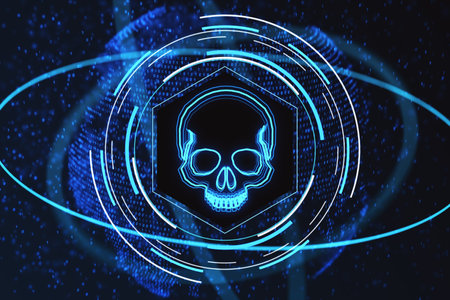 Glowing blue skull hologram on blurry dark background. Hacker system or cyber attack concept. landing page. 3D Renderingの写真素材