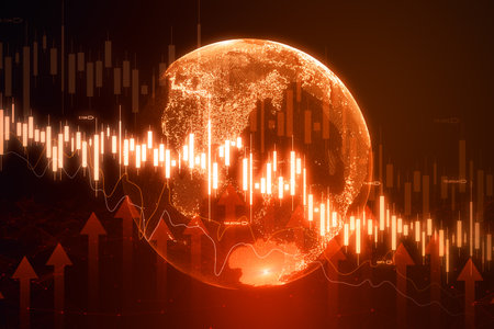 Global economic recession, stock market crash and inflation concept with digital falling down red candlestick and diagram on globe dark background. 3D Renderingの写真素材