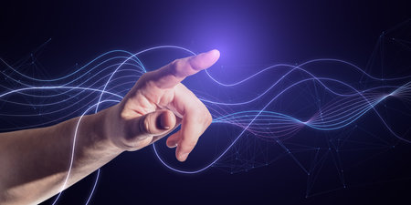 Abstract man hand pointing at polyonal lines on wide dark background. AI and robotics concepts