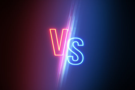 Opposites, versus and choice concept with glowing digital red v and blue s letters opposed to each other on abstract dark background. 3D renderingの写真素材