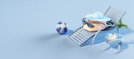 Mental health and stress free concept with relaxing on a sunbed human brain in sunglasses and hat on light blue background with ball, coffee mug and space for advertising poster. 3D rendering, mock upの写真素材