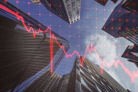 Falling red business graph grid on blurry city backdrop. Crisis, recession and stock market concept....