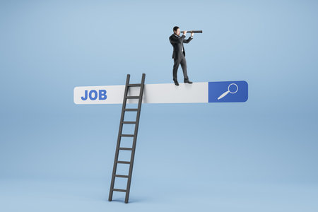 Abstract image of young businessman with ladder and telescope looking for a job with search bar on blue background. job hunt conceptの写真素材