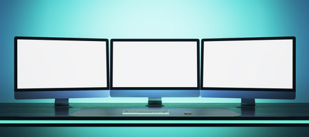 Abstract blue workplace with three empty white mock up computer displays. office concept. 3D...