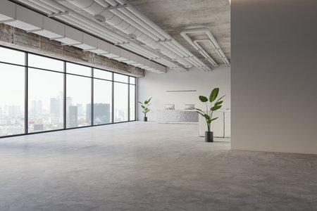 Modern office lobby interior with blank mock up place on wall, reception desk and other pieces of furniture, panoramic windows and city view. 3D Renderingの写真素材