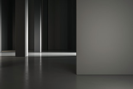 Front view on dark partition with place for advertising poster or campaign text in abstract industrial hall with dark lighting pillars on concrete floor, marketing concept. 3D rendering, mock upの写真素材