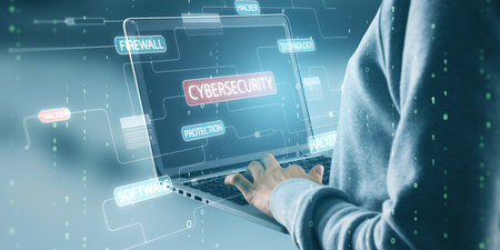 Close up of hacker hands using laptop with glowing hacking hologram with binary code and lines....