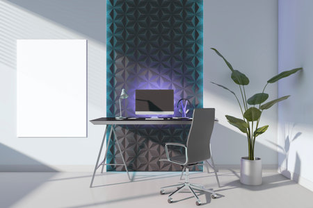 Modern home office workplace interior with furniture, equipment and empty white mock up poster in...