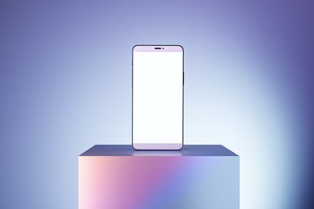 Empty white screen smartphone on creative square pedestal placed on light gradient background with mock up place. Ad concept. 3D Renderingの写真素材