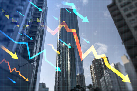 Glowing downward falling arrows on blurry city skyline background. Stock or financial market crash,...