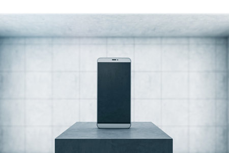 Front view on blank black modern smartphone display with space for web design, website or application on black glossy stage in empty room with gray tiles wall background. 3D rendering, mock upの写真素材