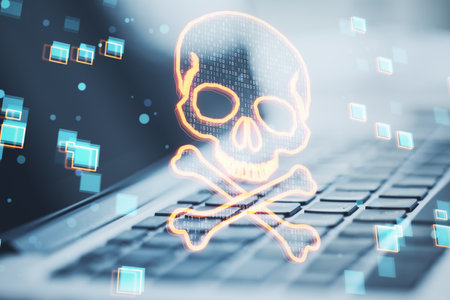 Close up of laptop with glowing digital binary code skull on blurry background. Hacking, piracy, malware and data theft concept. double exposureの写真素材