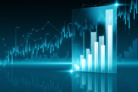 Investing and trading concept with growing up forex market candlestick and graphs on dark green background with brief financial statement. 3D renderingの写真素材