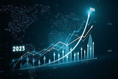 Perspective view of modern growing financial chart with rising up arrow on dark green background...