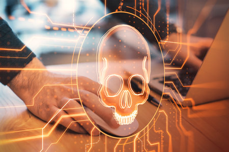 Close up of male hands using laptop mouse with digital skull hologram on blurry background. Hacking,...