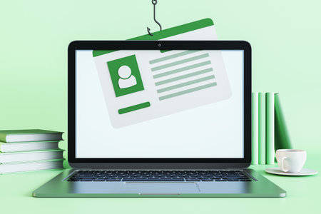 Malicious program, ransomware and cybercrime concept with user account card stolen from modern laptop screen on light green background with coffee cup and exercise books. 3D renderingの写真素材