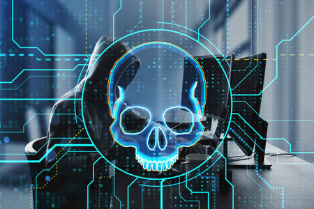 Side view of hacker at desk using computers with digital skull hologram on blurry office interior...