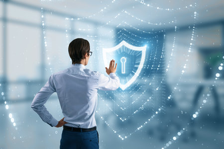 Back view of businessman using glowing polygonal web security shield hologram on blurry office interior background. Digital interface and protection concept. double exposureの写真素材