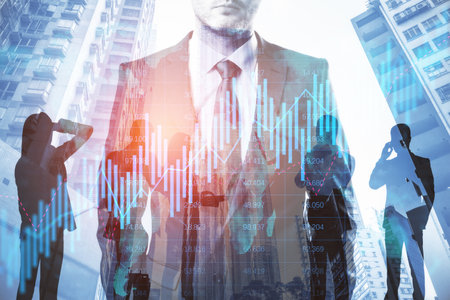 Businesspeople standing together on blurry city background with blue forex chart. Teamwork, financial growth, market and colleagues concept. double exposureの写真素材