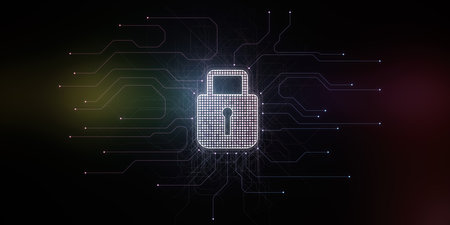 Glowing security padlock on dark background. Digital interface and protection concept. 3D Rendering